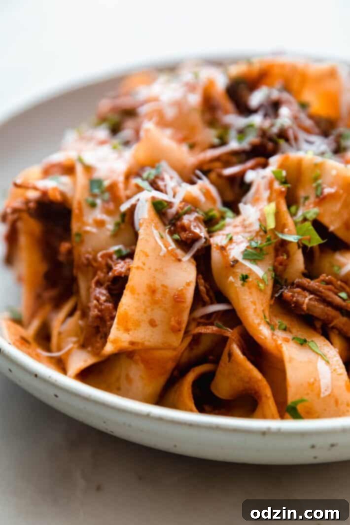 Exquisite pappardelle with braised beef ragu, topped with generous shavings of Parmesan and fresh parsley.