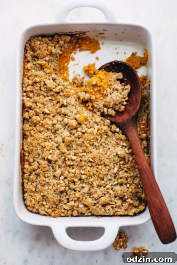 Close-up of a sweet potato casserole dish, showcasing its rich, creamy texture and golden-brown walnut topping.