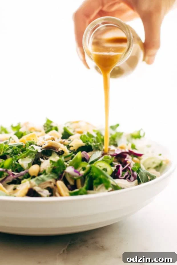 Freshly prepared Asian Kale and Shaved Brussels Sprout Salad, ready for dressing