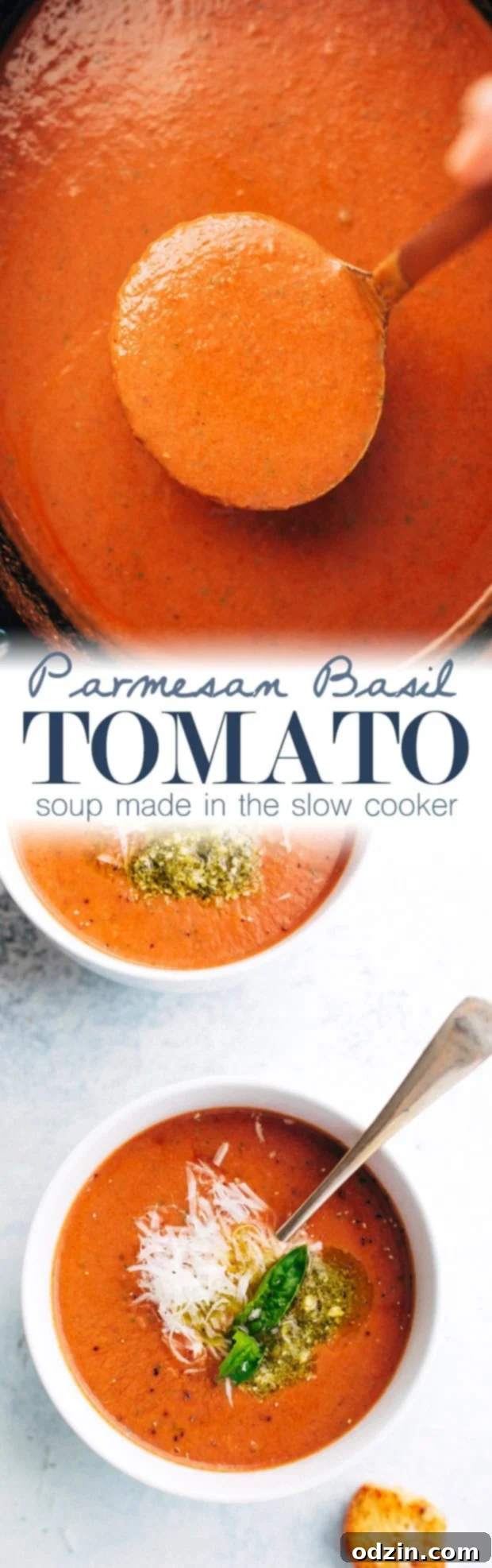 A large pot of creamy slow cooker Parmesan basil tomato soup, ready to be served. #dinnerrecipe #healthyish #weeknightdinner