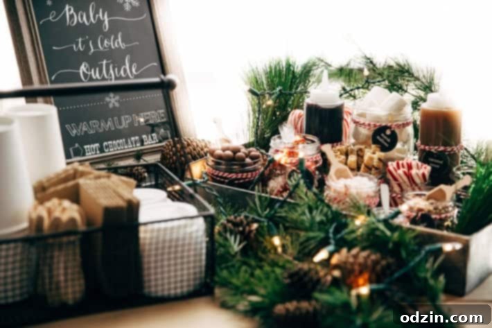 DIY Hot Chocolate Bar Party - Learn how to set up your own hot chocolate bar! Tons of printables, decorating ideas, and toppings! Plus, the most luxurious hot chocolate recipe! #hotchocolate #hotchocolatebar #diyhotchocolatebar #slowcooker | Littlespicejar.com hot chocolate bar arrangement with rustic decor and various toppings