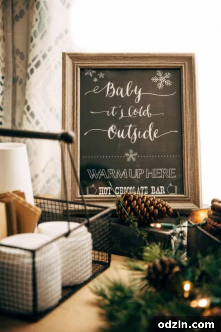 DIY Hot Chocolate Bar Party - Learn how to set up your own hot chocolate bar! Tons of printables, decorating ideas, and toppings! Plus, the most luxurious hot chocolate recipe! #hotchocolate #hotchocolatebar #diyhotchocolatebar #slowcooker | Littlespicejar.com hot chocolate bar sign with rustic frame