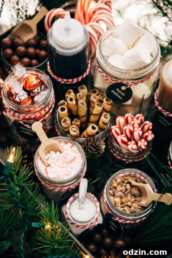 DIY Hot Chocolate Bar Party - Learn how to set up your own hot chocolate bar! Tons of printables, decorating ideas, and toppings! Plus, the most luxurious hot chocolate recipe! #hotchocolate #hotchocolatebar #diyhotchocolatebar #slowcooker | Littlespicejar.com toppings for hot chocolate bar in mason jars with wooden scoops, including marshmallows, toffee bits, and chocolate chips